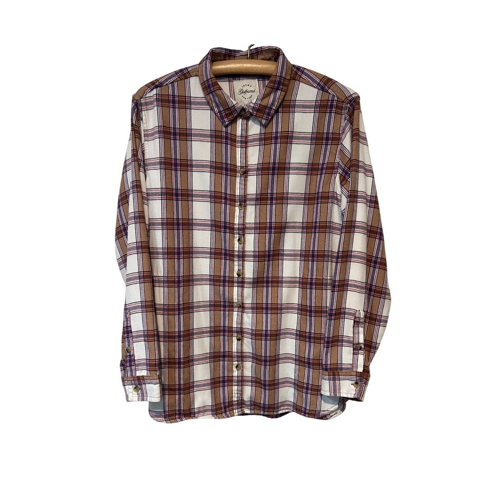 Jachs Girlfriend Button Down Womens L Tan Purple Plaid Rayon Flannel Shirt A24